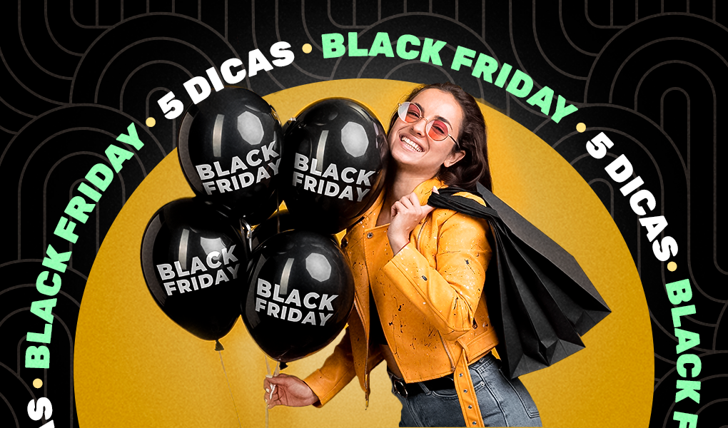 mulher segurando balões pretos remetendo a black friday