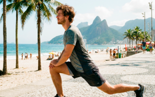 homem alongando na praia