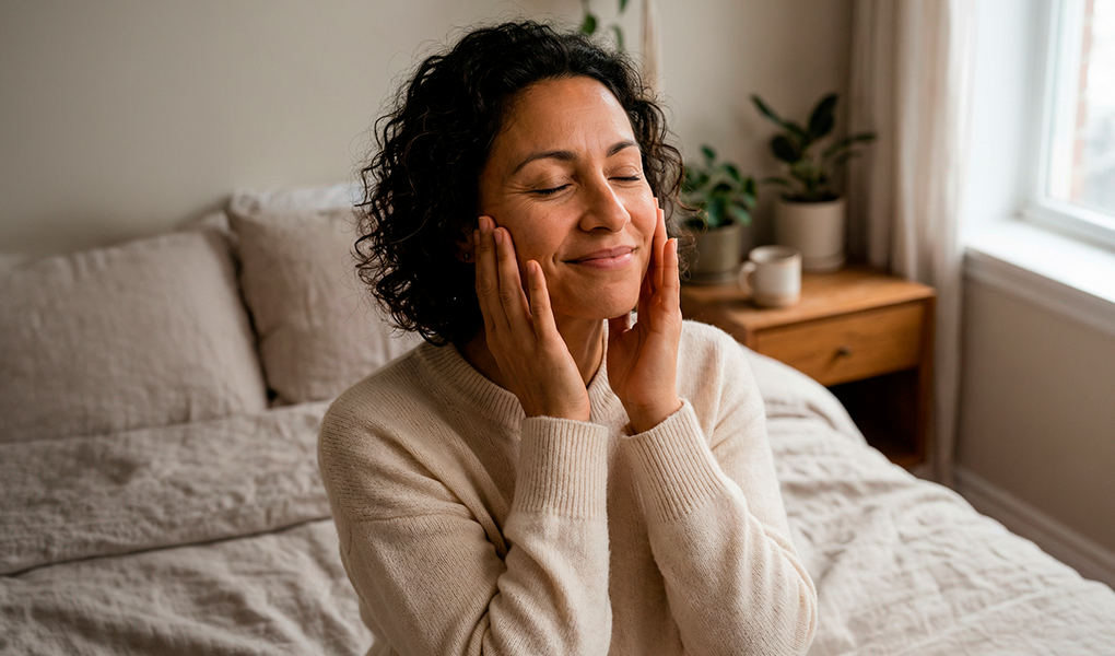 mulher sorrindo com as mãos no rosto